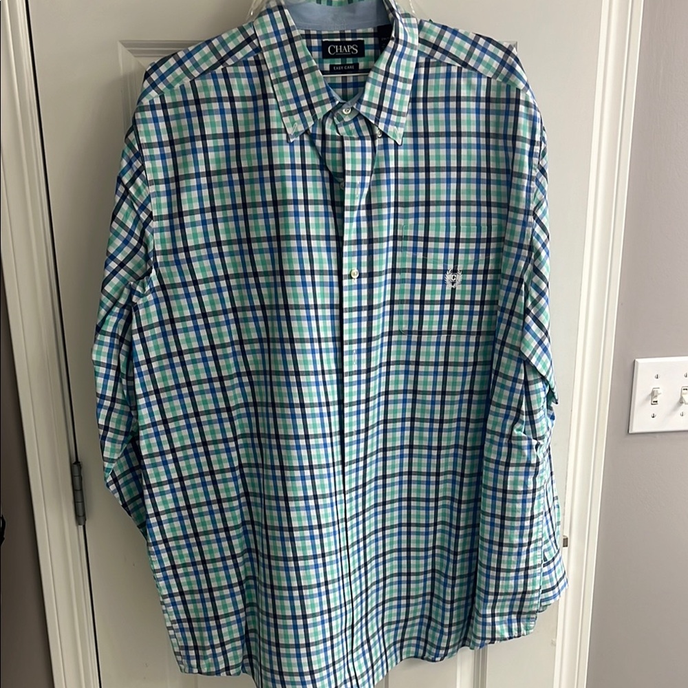 Chaps Men's Blue and Green Plaid Shirt